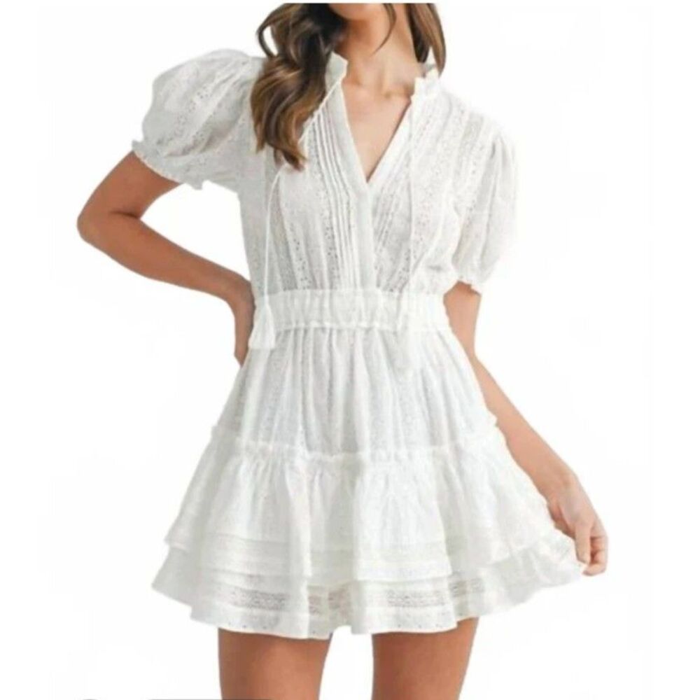 Mable Santa Rosa White Cotton Eyelet Puff Sleeve Tiered Mini Dress Tassel S EUC